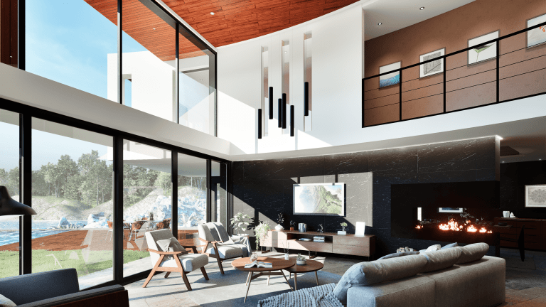 Vista del salón con la chimenea